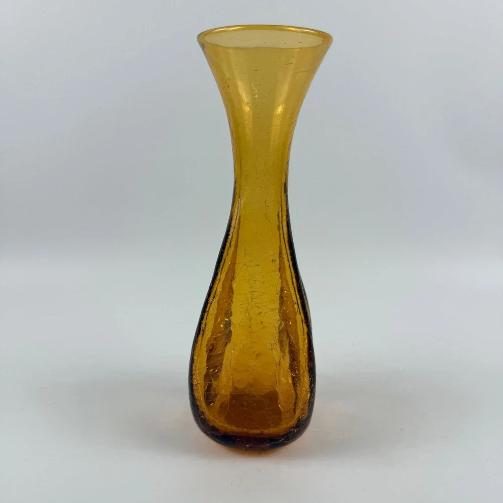 Vintage American Amber Crackle Art Glass Pinched Optic Vase Mid‎ Century